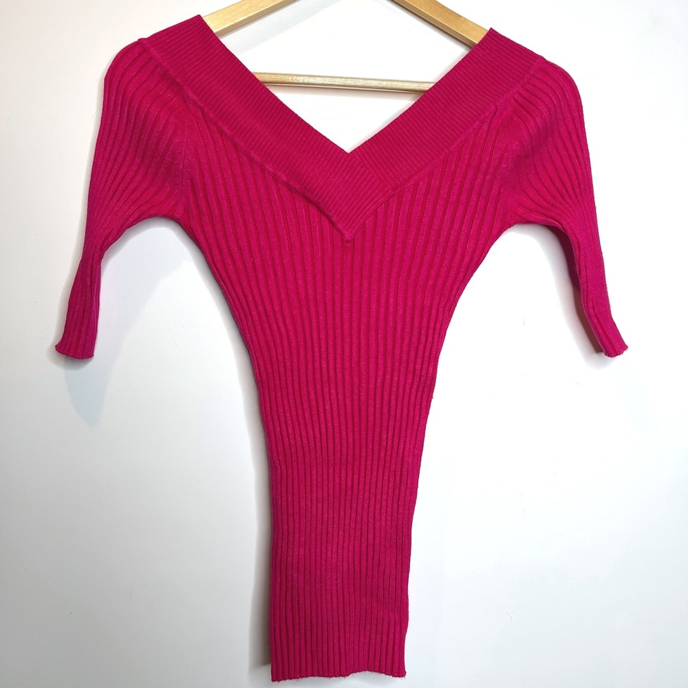 Vintage Y2K Off Shoulder Hot‎ Pink Ribbed Knit Sweater